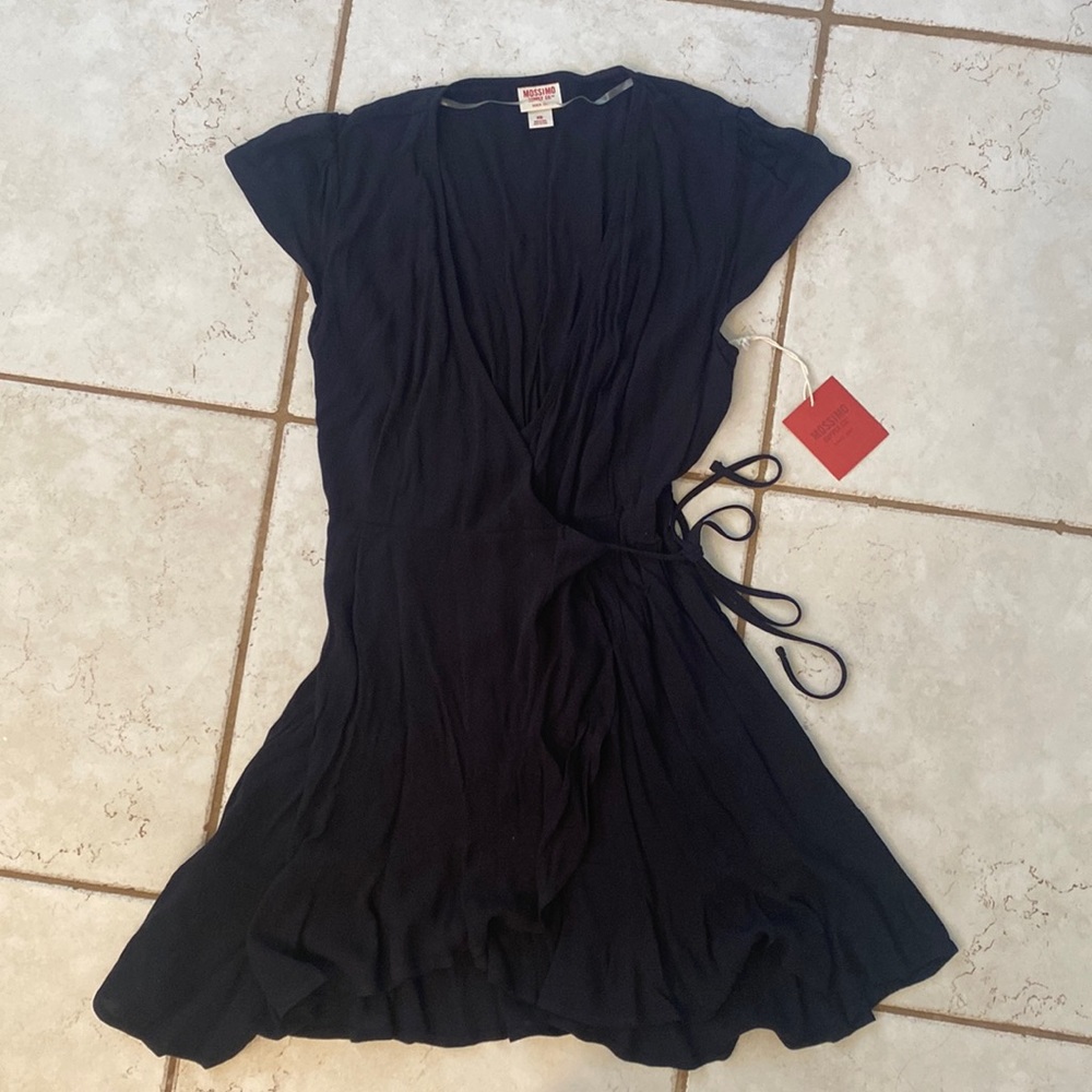 Black faux wrap dress, ruffles, casual or cover-up mossimo xs mini